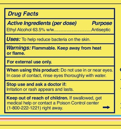 Active Ingredients (per Dose) Ethyl Alcohol 63.5% (Hand Sani 2 Oz Gel Drug Facts Panel)